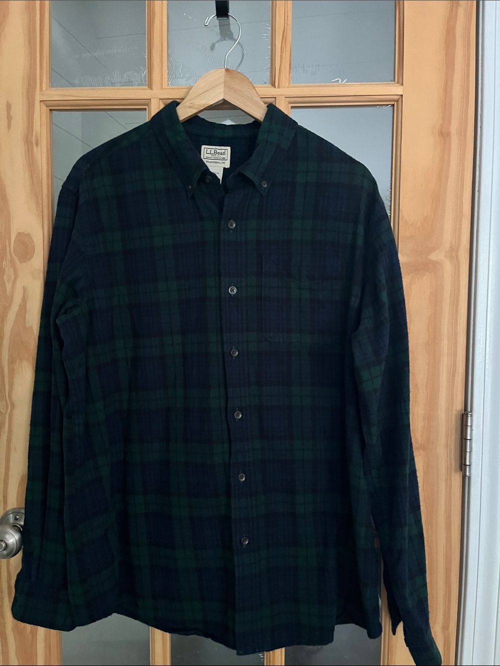 L.L. Bean Traditional Fit Dark Green Blue Plaid Flannel Shirt Mens Large